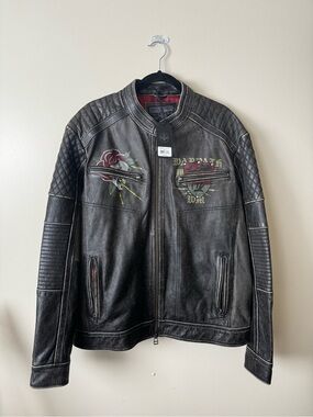 Affliction Black Leather Jacket with Red and Olive Graphics